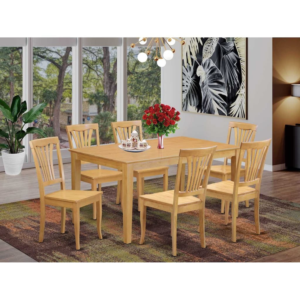 HomeStock 7-Piece Rectangle Natural Oak Finish Solid Wood Top Dining Table with 6 Chairs with Lattice Back