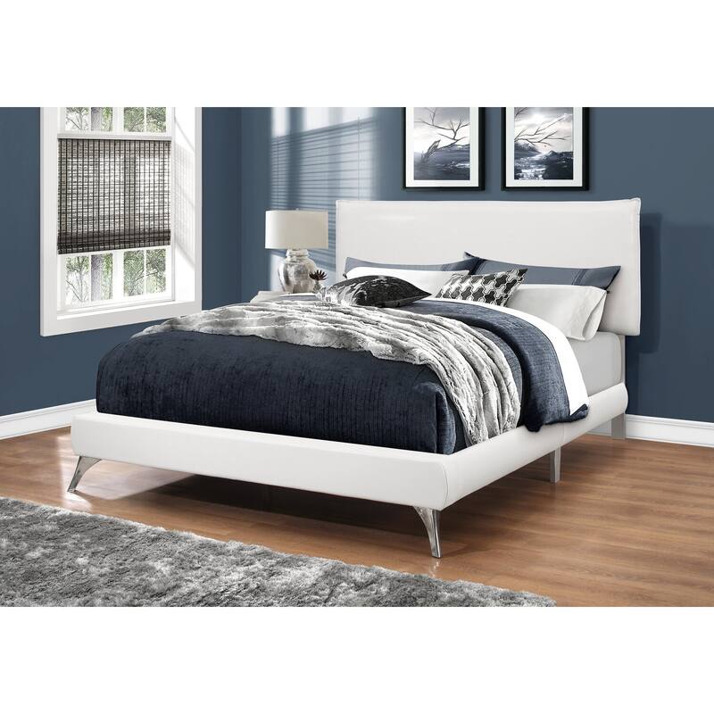 Queen Upholstered Platform Bed in White PU Leather with Chrome Legs and Modern Low Profile Design