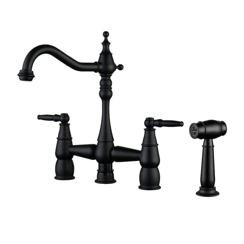 WOWOW 4 Hole Double Handle Bridge Kitchen Faucet with Side Sprayer - Matte Black