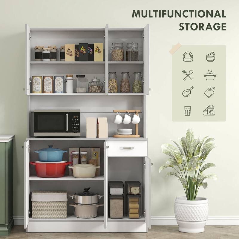 HOMCOM 71" Freestanding Kitchen Buffet Hutch Cupboard with 6 Doors, 3 Adjustable Shelves, and 1 Drawer, White