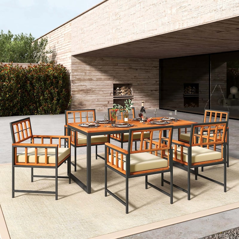 7 PCS Patio Dining Set Outdoor Acacia Wood Table and Chairs Set
