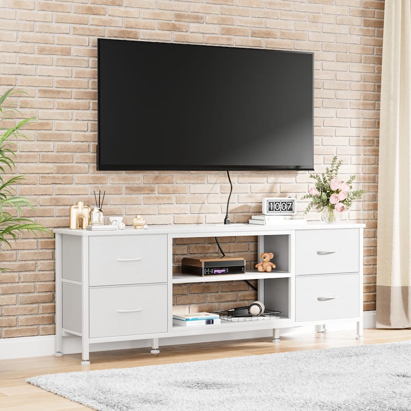 Dresser TV Stand with Power Outlet 4 Fabric Drawers for 60" TV Bedroom - White PU - 4-drawer