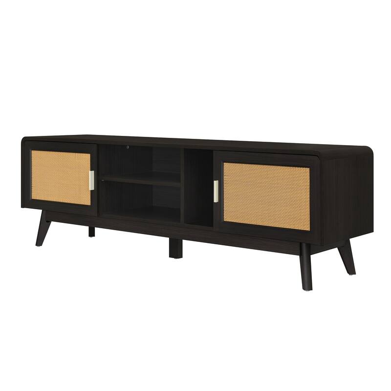 Dark Rattan TV Stand with 2 Storage Cabinets for 65 Inch TV, Entertainment Center with Solid Wood Legs, Media Console Table