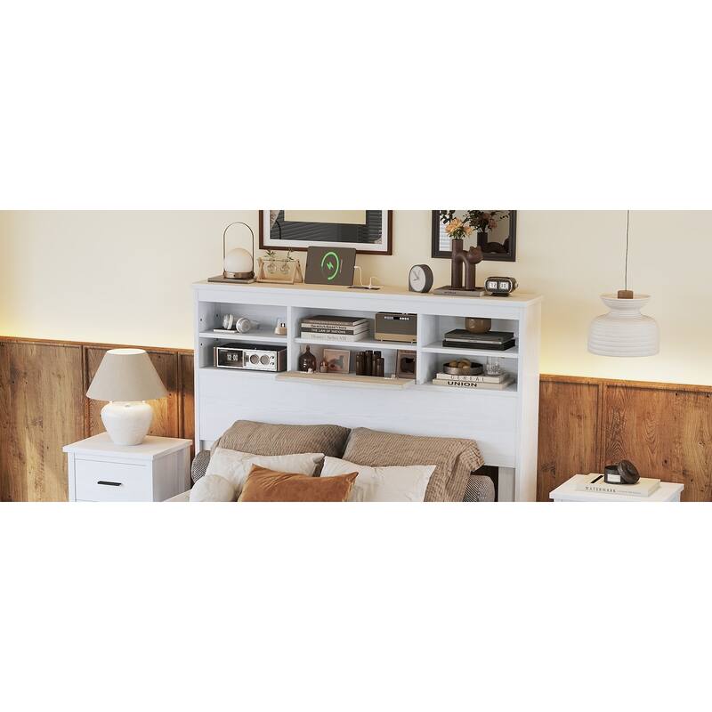 Vintage Queen Bed with Storage Headboard, USB Ports, and Charging Station