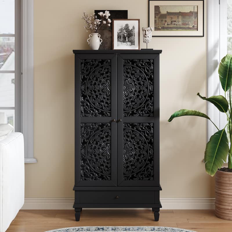 Roomfitters 55'' Tall Storage Cabinet, Carved Wood Accent Sideboard with Solid Wood Legs for Dining Room - Black