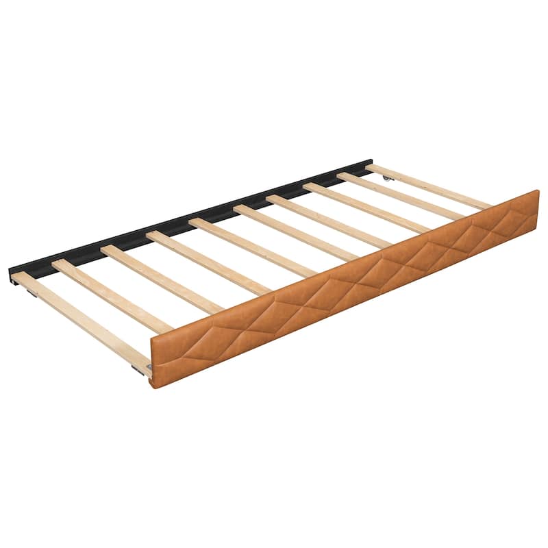 Full XL Size Upholstered Daybed with Trundle Bed and LED Armrests, Rhombic Blocks Frame Sofa Bed, U-shape Bed Frame