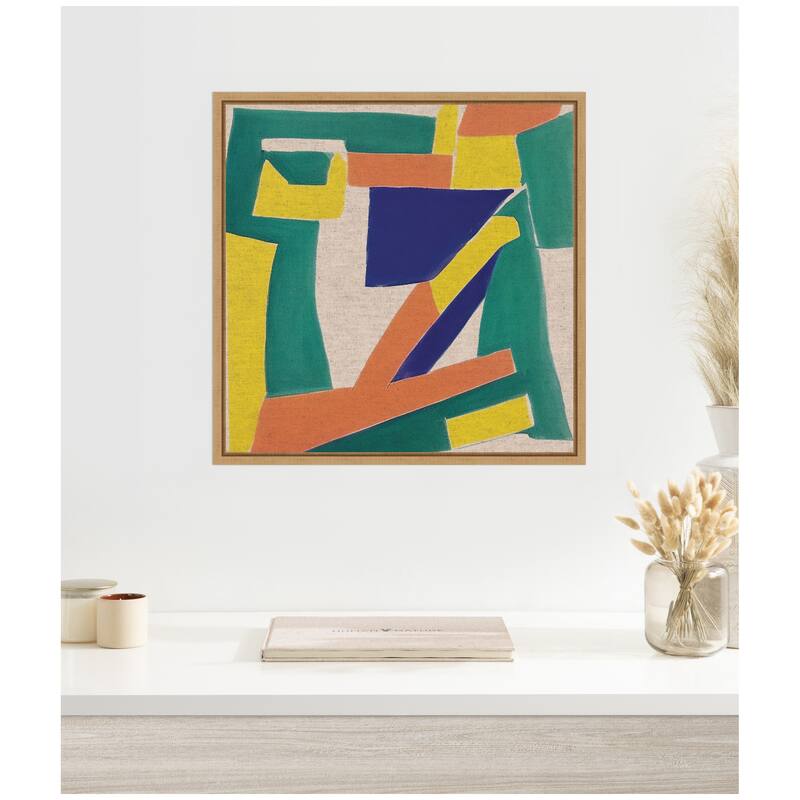Kate and Laurel Sylvie Retro Refresh Painterly Shapes Neutral Linen Framed Canvas by The Creative Bunch Studio