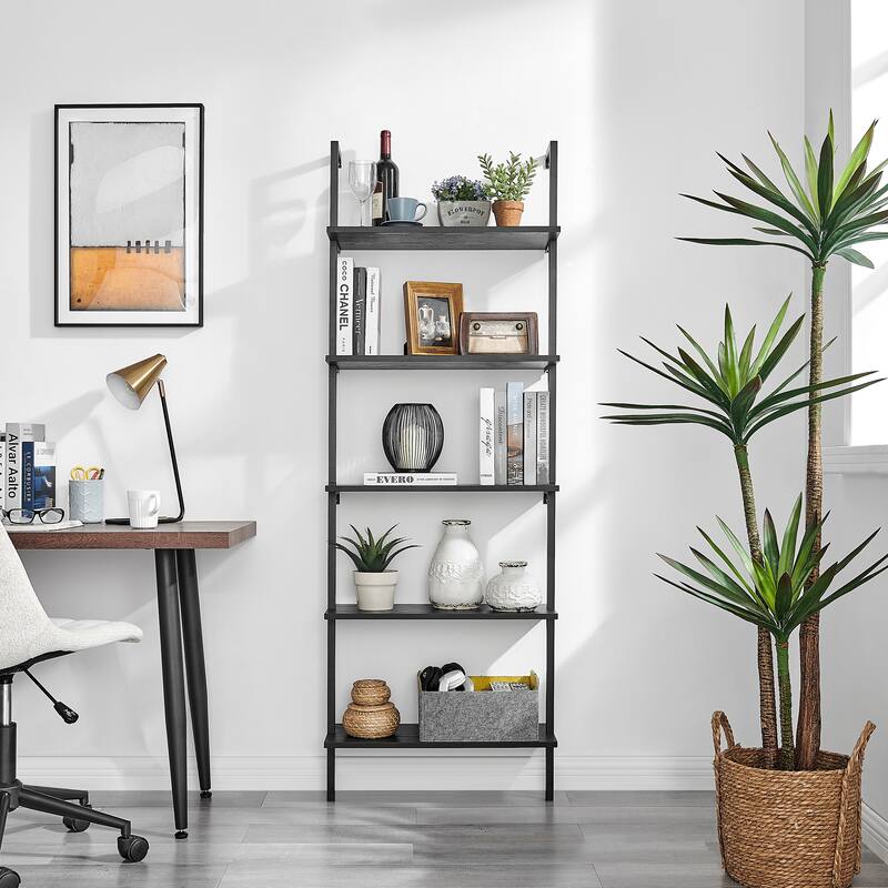 Danya B. Everett 5-Tier Open Display Stand Wall Mount Modern Metal Frame Ladder Shelf - Black/Black
