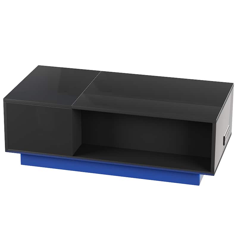 Meyreso 47" Modern LED Coffee Table with Lift Top, All Black Coffee Table with Storage High Gloss Surface