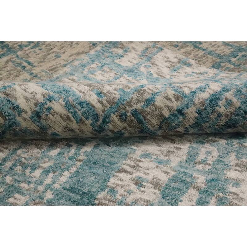 Hand Knotted Oriental Wool & Silk Carpet Modern Abstract Navy Blue & Blues Nepalese Area Rug - 10' 2'' X 6' 3''