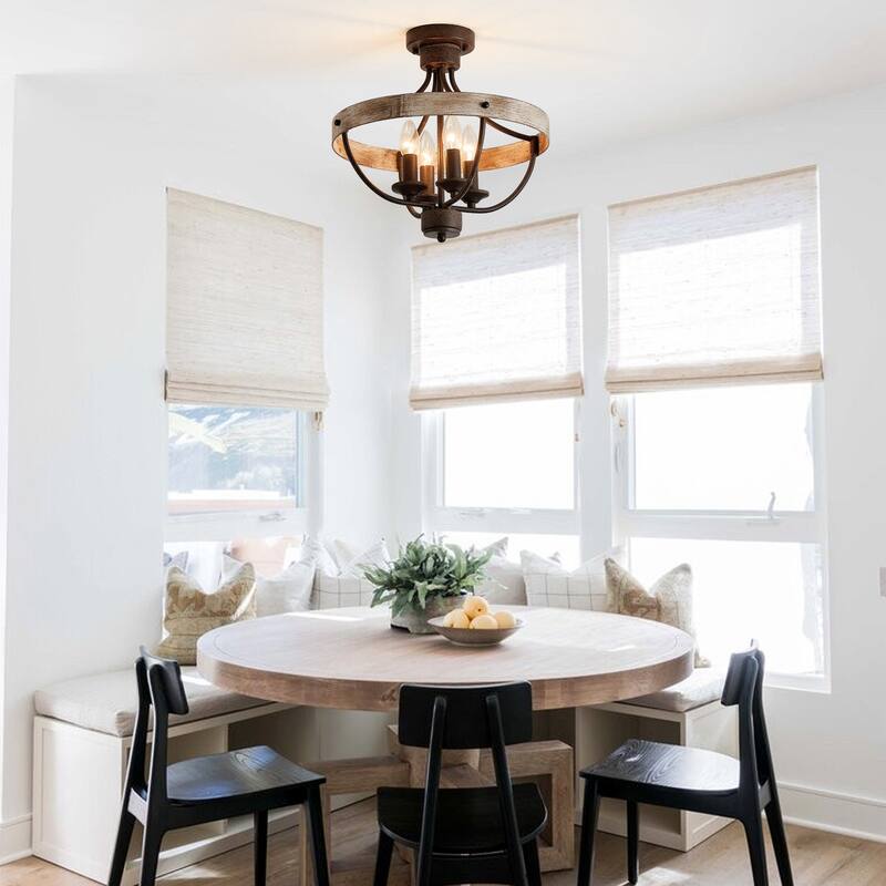 4-Light Rusted Brown Wood Semi-Flush Mount Ceiling Light