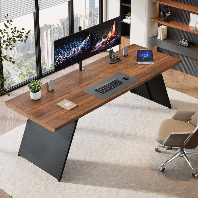 79” Double Desk for Two People, Extra Long Computer Desk with Walnut Wood Top & Black Metal Base