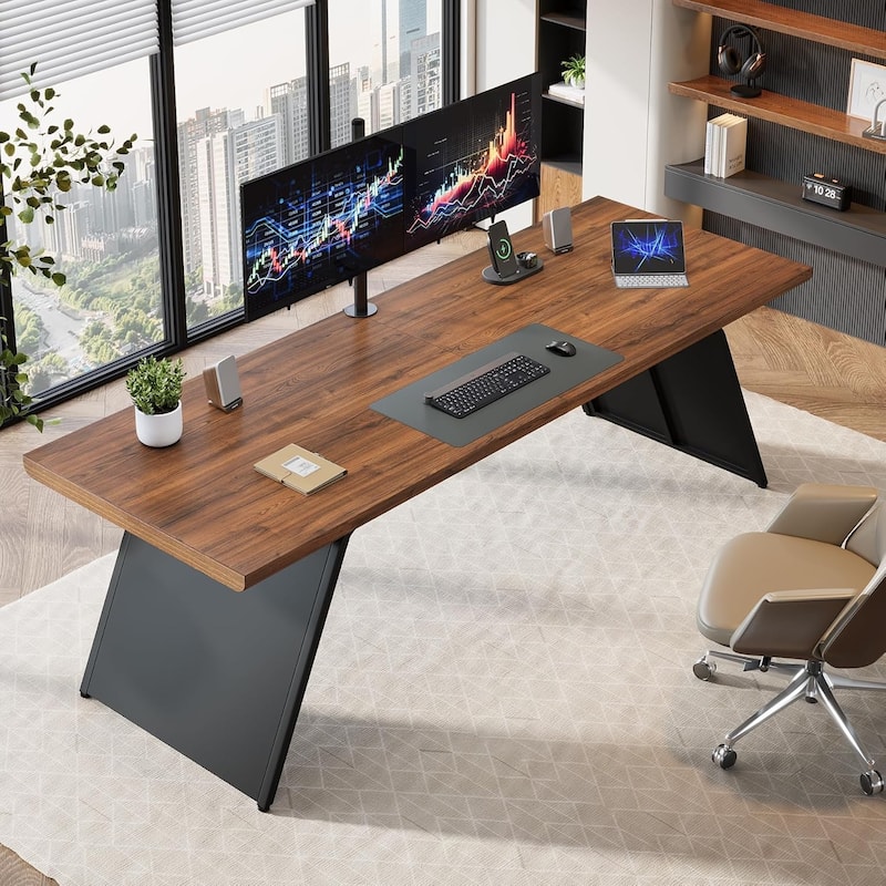 79” Two Person Desk, Extra Long Computer Desk with Walnut Wood Top & Black Metal Base
