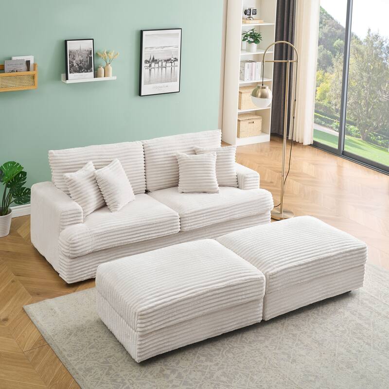 Corduroy Sleeper Sectional Sofa Loveseat Couch with 2 Storage Ottomans
