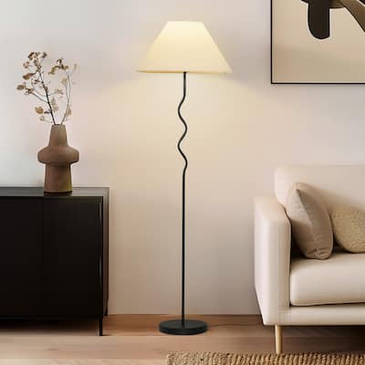 Brightech Squiggle Floor 62.13 in. Classic Black Contemporary Ambient Standing Column Floor Lamp with Ivory Fabric Empire Shade