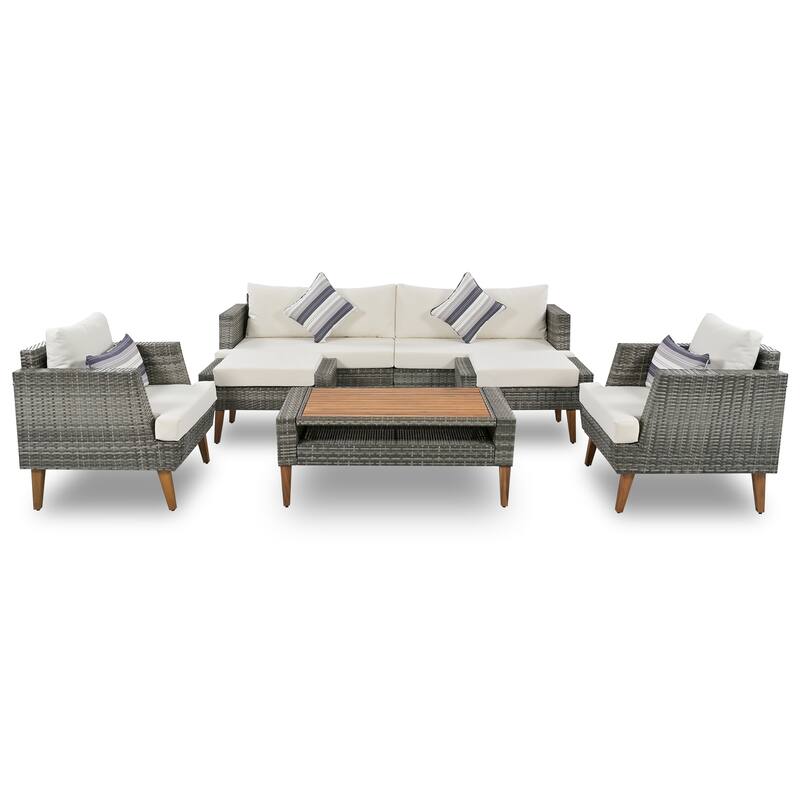 All-Weather PE Wicker Sofa Set with Double Cushions & Wood Legs, 6-Piece Outdoor Rattan Sectional
