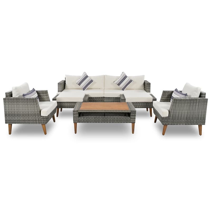 Roomfitters 6-Piece Outdoor Patio Furniture Set with Wicker Sofa, Armchairs, Ottomans and Coffee Table, Wood Legs, Gray+Beige