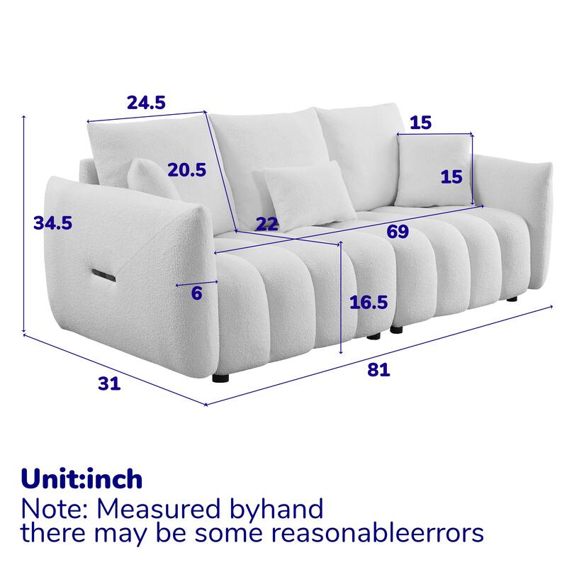 GDFStudio - 3-Seater Teddy Fabric 81" Sofa with 3 Back Pillows and 3 Back Cushions