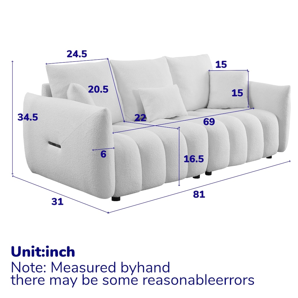 Teddy Fabric Deep Seat Sofa, Cloud Upholstered 3 Seater Sofa, Oversized Loveseat with 3 Back Pillows & 3 Back Cushions