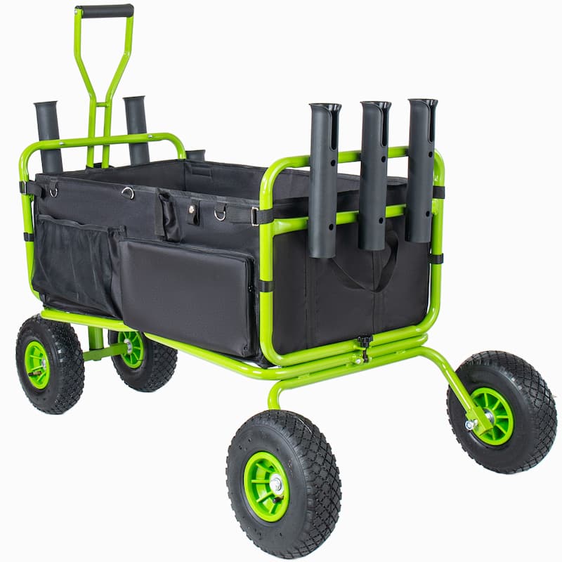 Beach Cart Collapsible Wagon 9.85"All-Terrain Wheels,Heavy Duty Garden Cart with Rod Holders,Umbrella Holder and Storage Pockets