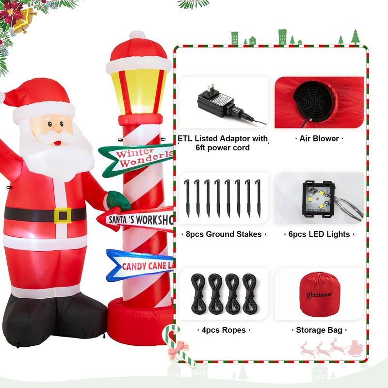 Glitzhome 7FT Lighted Inflatable Santa with Lamp Post Sign Decor