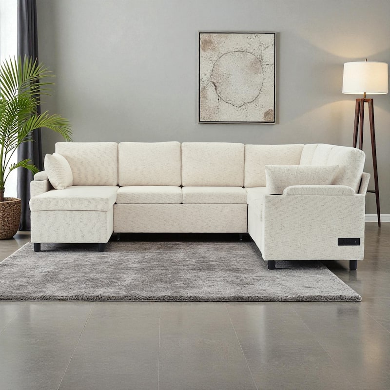 109.9" U-Shaped Convertible Sectional Sofa Bed with Storage Chaise Cup Holders Power Outlets USB Ports Chenille Couch