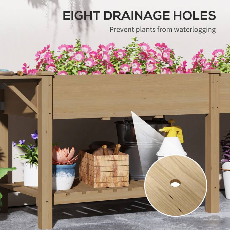 Fir Wood Raised Garden Bed with Bottom Shelf and Moisture-Retaining Liners Foldable Side Table - 81.5" W x 23.2" D x 30.7" H