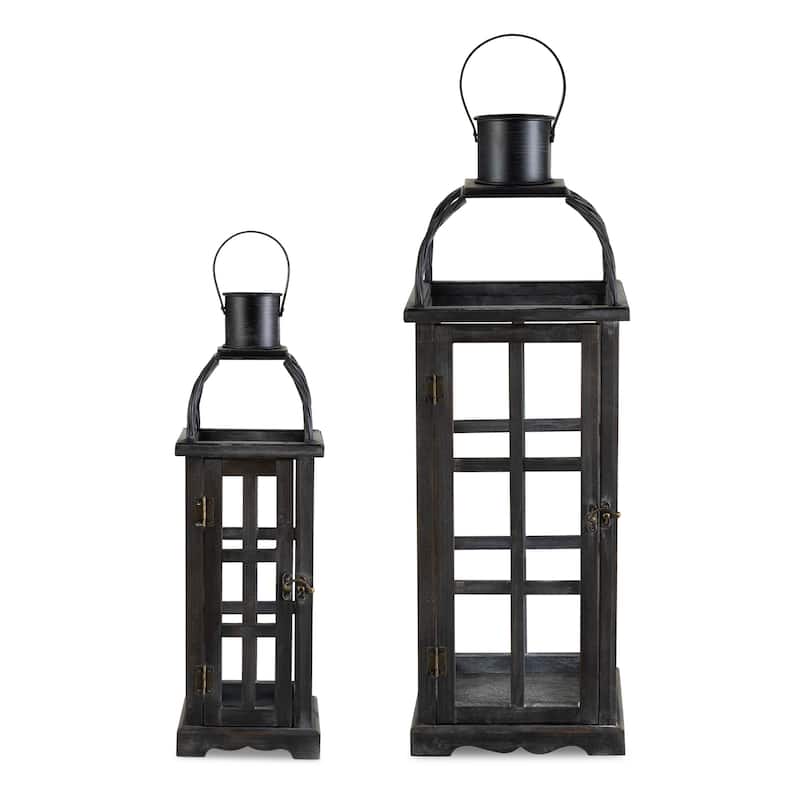 Glitzhome Farmhouse Wooden Metal Cage Candle Holders Patio Hanging Vintage Lanterns (Set of 2)