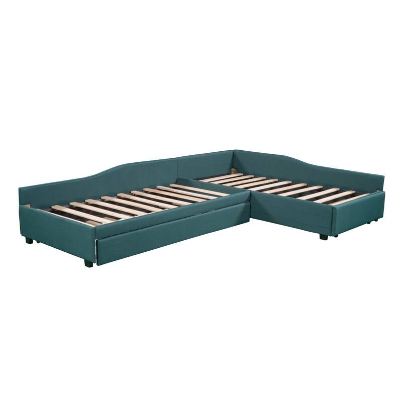L Shaped Twin Daybed with Trundle, Upholstered Daybed with Storage Drawer, Double Twin Size Floor Platform Bed for Bedroom