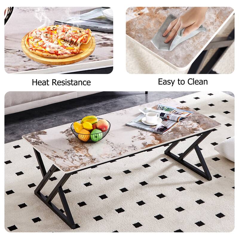 47" Modern Rectangular Coffee Table with Sintered Stone Tabletop and X-shaped Metal Legs