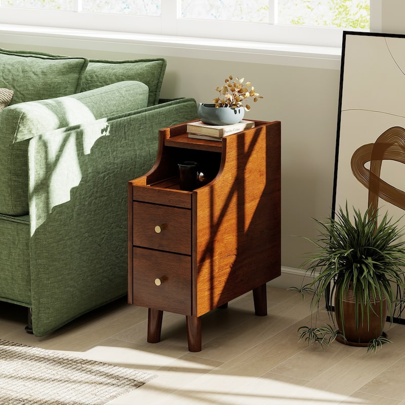 20" Tall Slim Brown Wooden Beside End Table with Tray and Drawers Cable Hole for Bedroom or Living Room - 16" x 8" x 20"