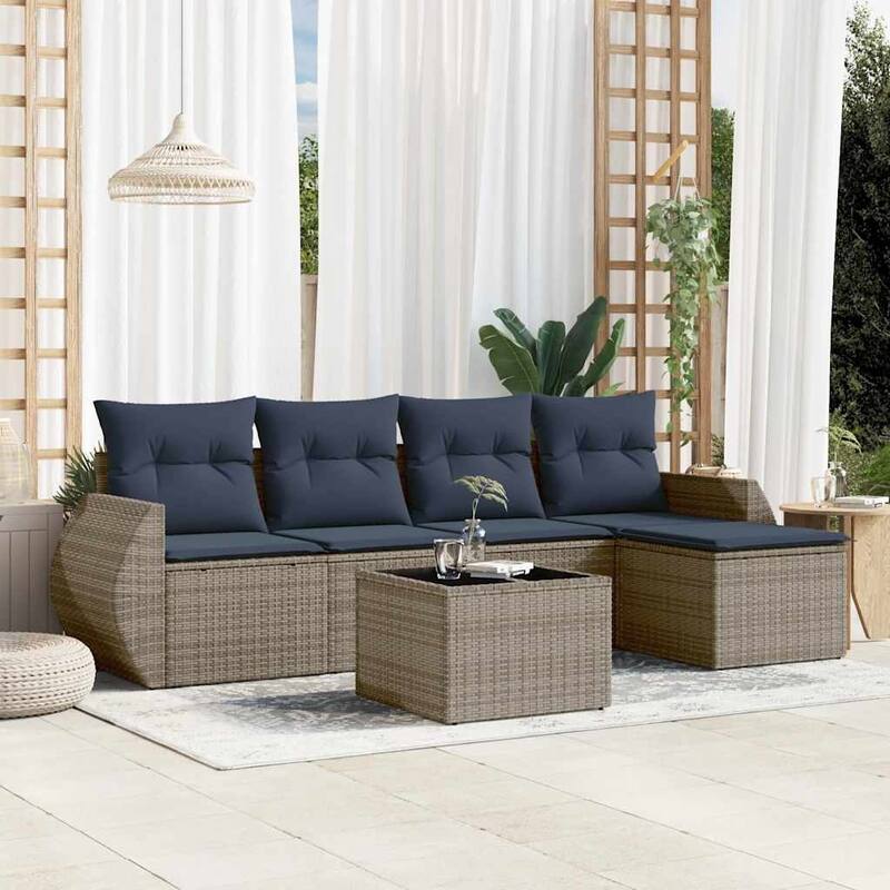vidaXL 6 Piece Patio Sofa Set with Cushions Gray Poly Rattan - 98.8x27.2x46.1