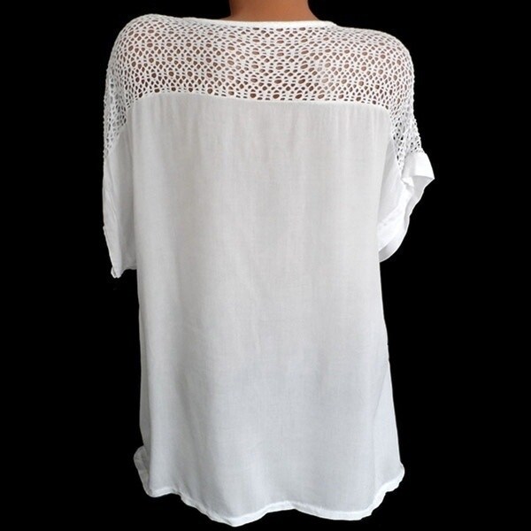 Women's Lace V-Neck Embroidered Short Sleeve Bat Shirt. Opens flyout.