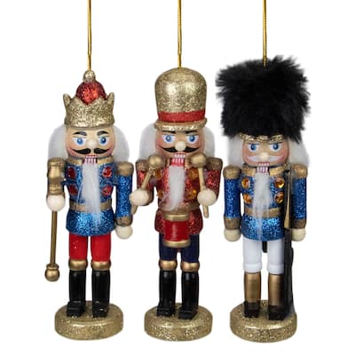 Set of 3 Glittery Nutcracker King Soldier and Drummer Ornaments 5.25"