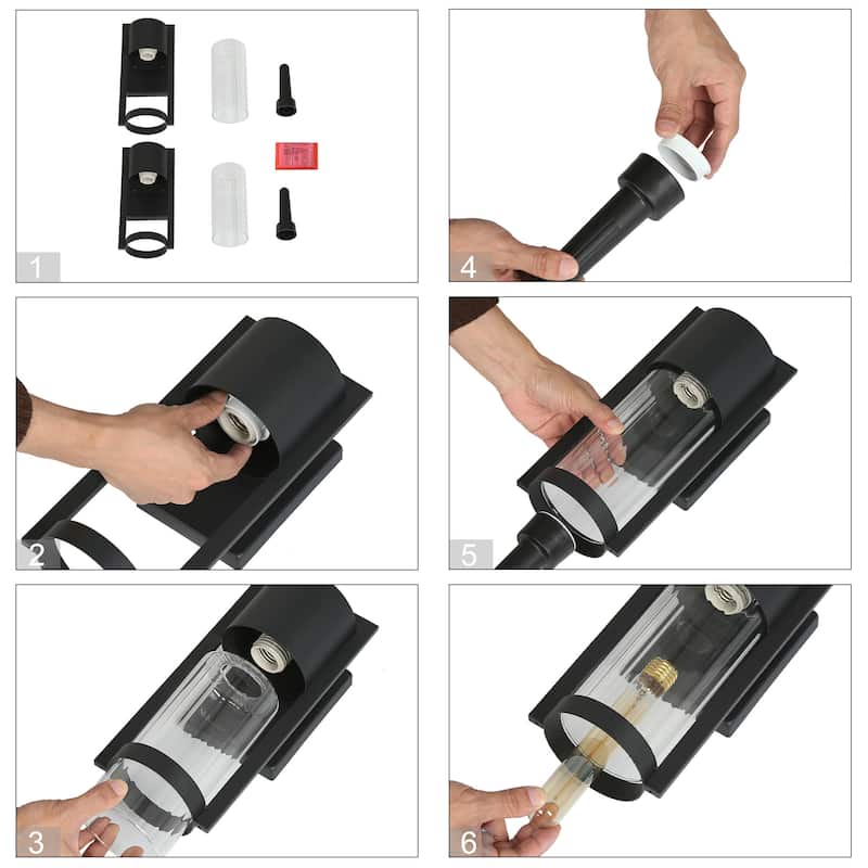 2-pack Aluminum Modern Black Outdoor Glass Sconce Farmhouse Cylinder LED Patio Wall Lantern