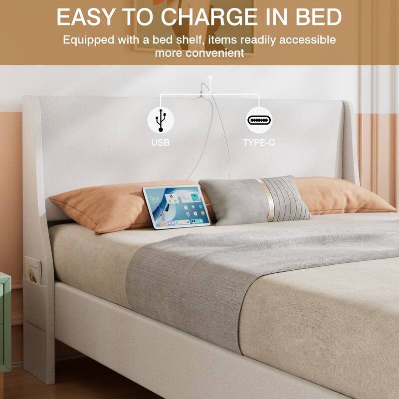 VECELO Bed Frame with Upholstered Wingback Headboard,Platform Bedframe with Charging Station & Side Pockets