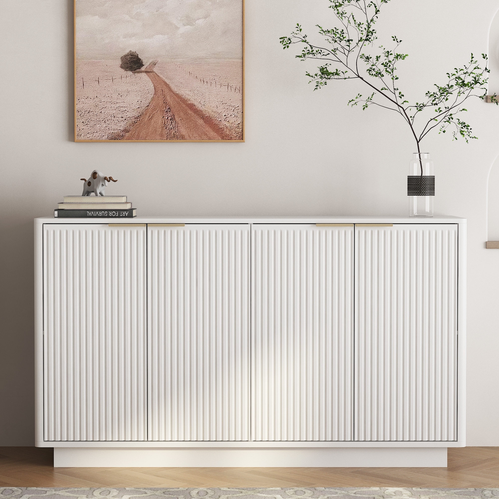 Wood Modern Fluted Sideboard Buffet Cabinet with Adjustable Shelves
