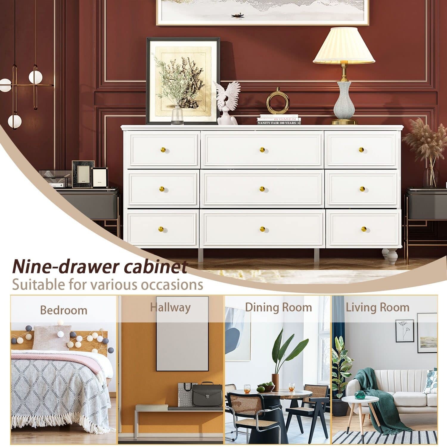 Chest of Drawers White Dresser 9 Drawer Dresser Contemporary Modern Dresser,  Gold Metal Handles, Wooden Legs, Large Long Dresser - Bed Bath & Beyond -  38195810
