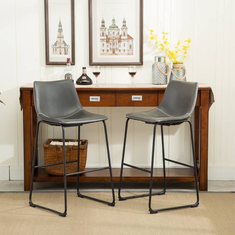 Vintage PU Leather Bar Stools with Footrest, Set of 2