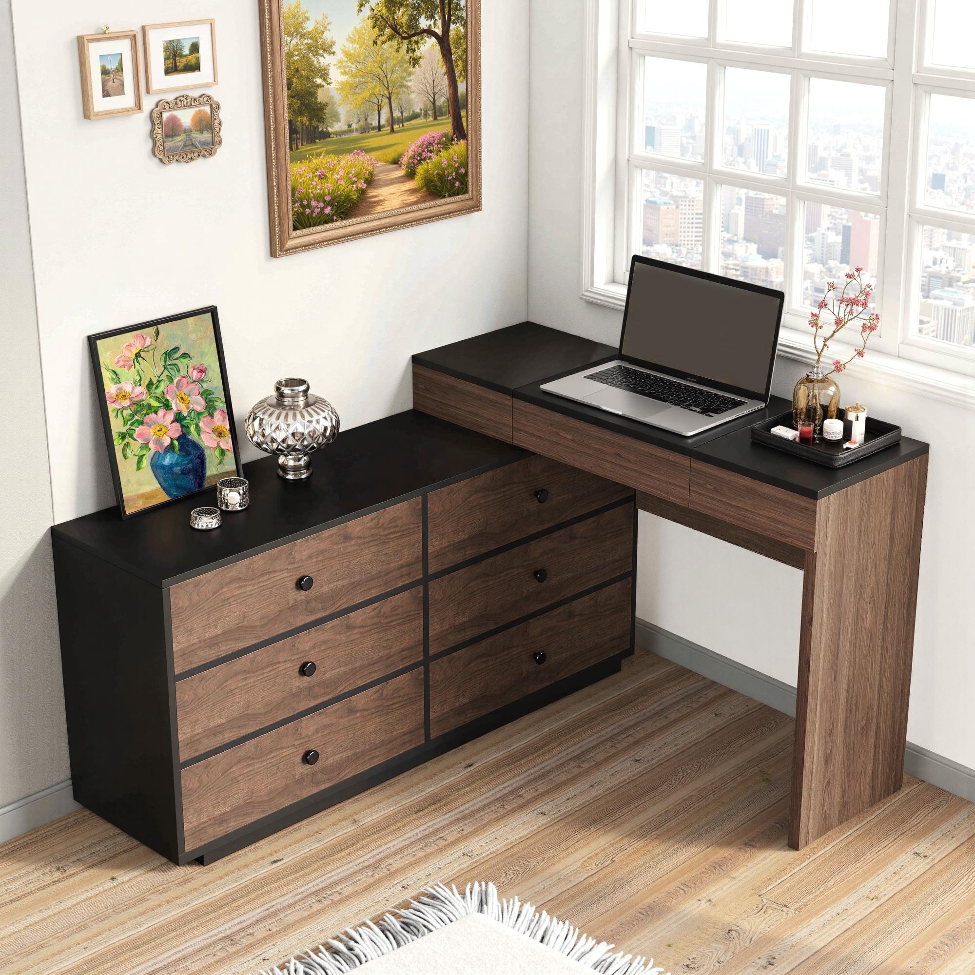 Modern & Contemporary Storage Expandable Dresser Desk Combo For Home Office  With 6 Drawers
