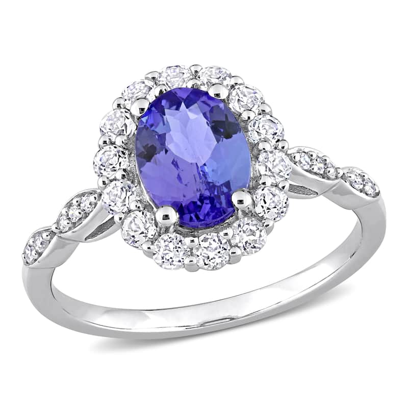 Miadora 14k White Gold Oval-cut Tanzanite, White Topaz and Diamond Accent Halo Cocktail Ring
