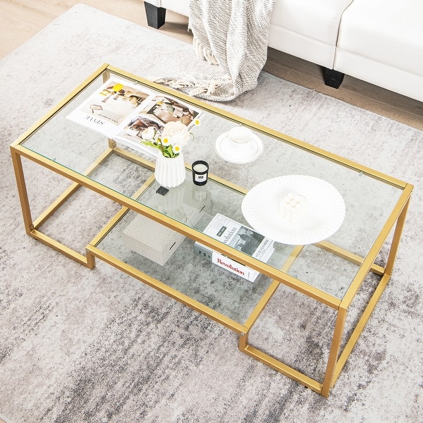 2-Tier Glass Coffee Table with Gold M...