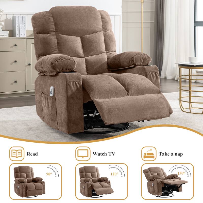 Oversized Massage Swivel Recliner with Heat USB Cup Holders for Adults