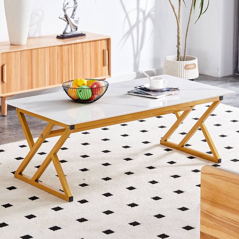 A modern minimalist style marble patterned coffee table with golden metal legs Computer desk Game table Tea table