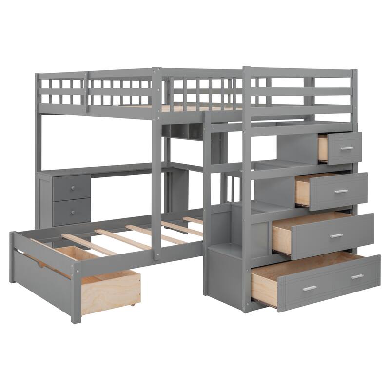 Full Over Twin Bunk Bed with Desk, Drawers, and Shelves in Gray