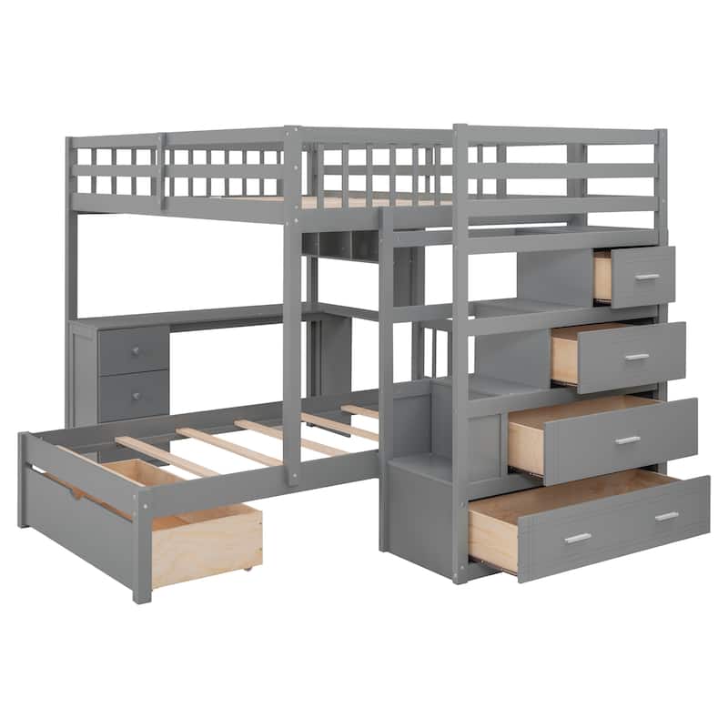 Full Over Twin Bunk Bed with Desk, Drawers and Shelves