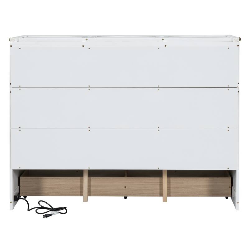 Queen Size Murphy Bed with USB Port, Large Drawer, and Space-Saving Design, White