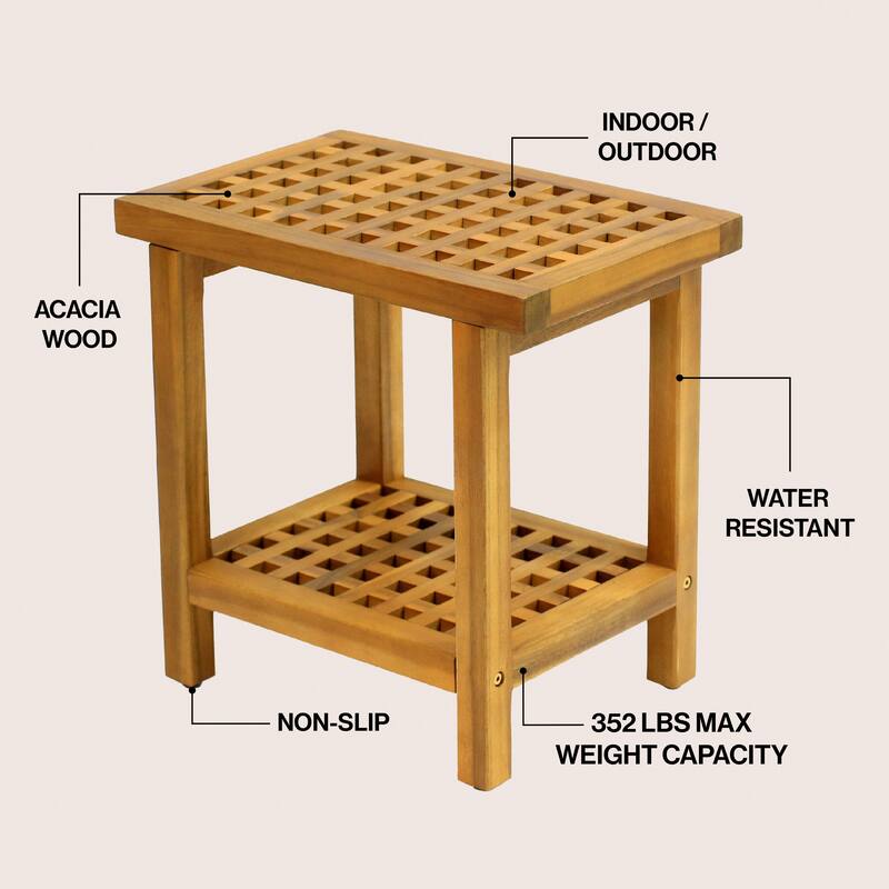 Armin 18.1" Classic Grid Slat Solid Acacia Wood Indoor/Outdoor Shower Stool, By JONATHAN Y - 18.1L x 11.81W x 17.72H