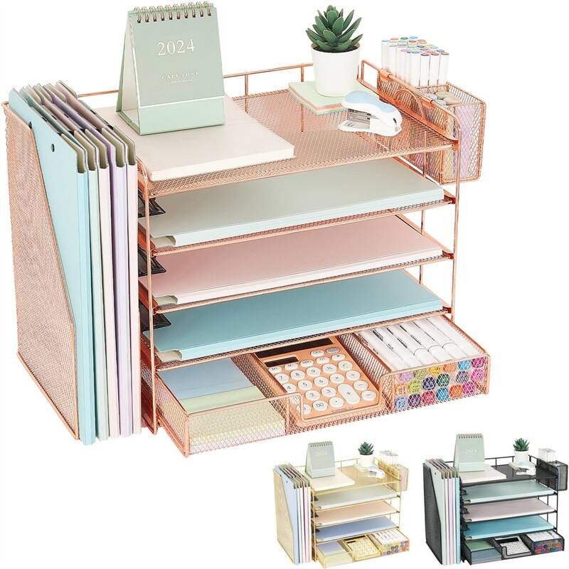 5 Tier Desk Accessories & Workspace Desk - 16.15"D x 9.45"W x 11.25"H - Rose Gold