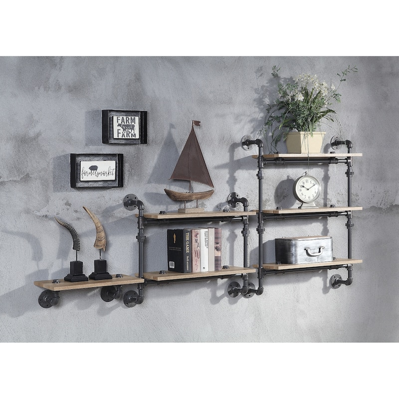 Floating Wood Wall Shelf with Metal Tube in Oak and Sandy Black